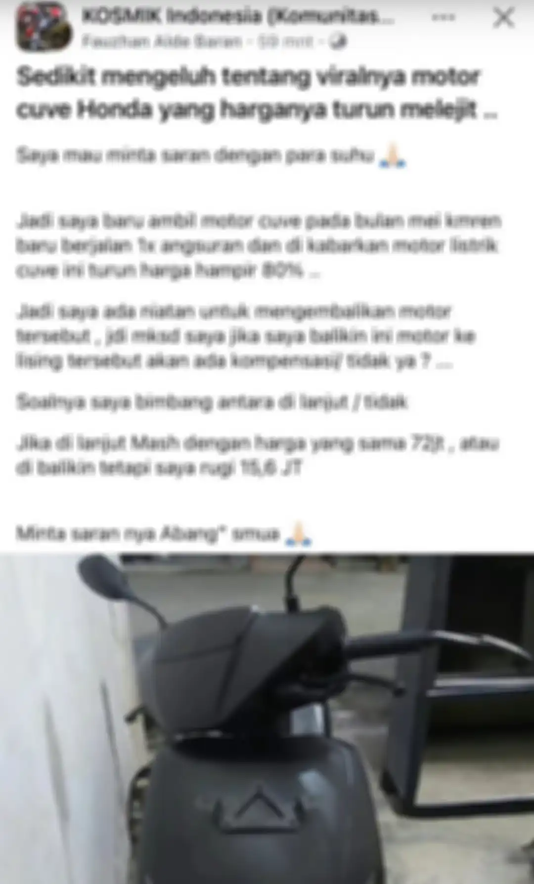 Tangkapan layar keluhan konsumen motor listrik Honda di grup Facebook KOSMIK Indonesia