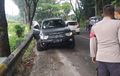 Roda Depan Pajero Sport Terkulai, Posisi Menyalip Senggol Motor di Cianjur