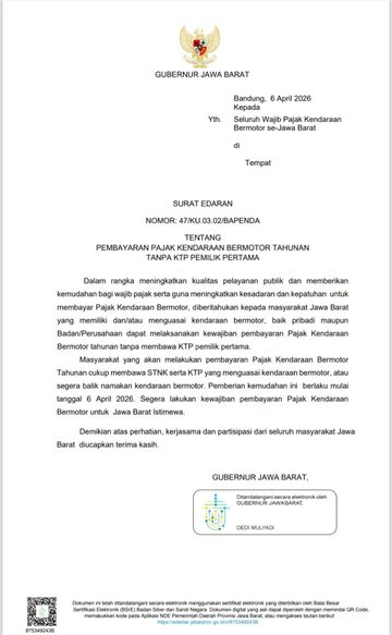 Surat Edaran Gubernur Jawa Barat tentang pembayaran pajak kendaraan tanpa KTP pemilik lama