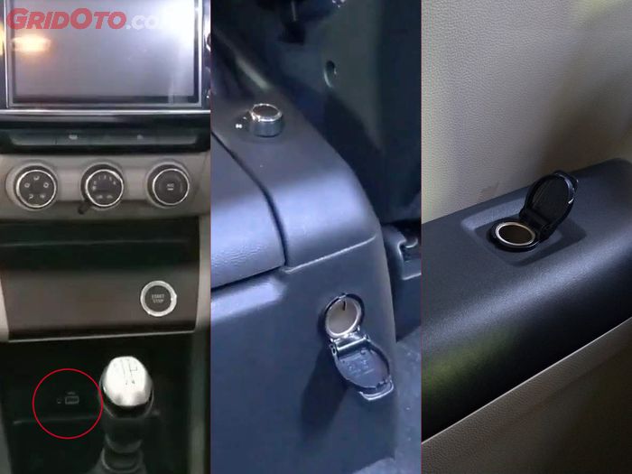 Lokasi charging socket Renault Triber dari kiri ke kanan: Baris bangku depan di centre console, baris bangku tengah di belakang centre console, baris bangku belakang di armrest bangku paling kiri.