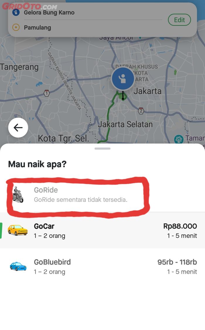 Aplikasi Gojek tidak menyediakan layanan Go-Ride sementara waktu.