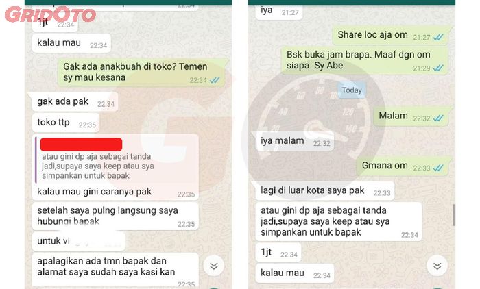 Percakapan GridOto.com dengan pelaku tipuan online yang mengaku berada di luar kota sehingga tak bisa ditemui