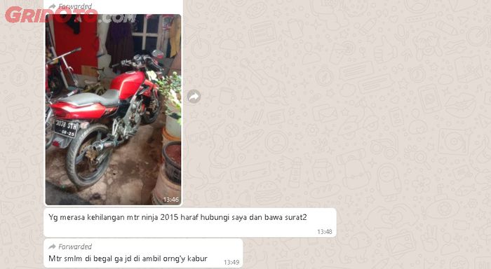 Pesan yang beredar di WhatsApp soal Kawasaki Ninja RR jadi korban pembegalan baru-baru ini.