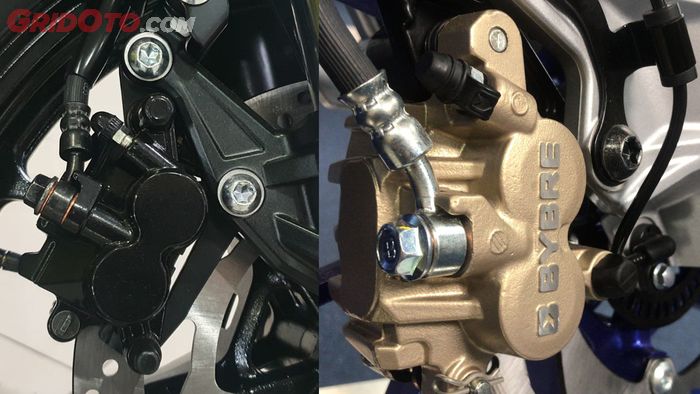 Perbandingan kaliper rem cakram depan Yamaha R15 V4 (kiri) R15M (kanan)