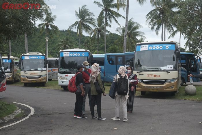 Kumpulan bis-bis yang akan membawa para penonton MotoGP Indonesia ke area sirkuit Mandalika.