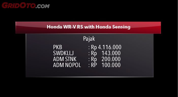 Pajak Kendaraan Bermotor Honda WR-V RS 2023