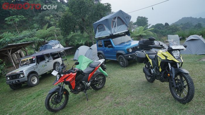 Motocamp bersama Suzuki V-Strom 250 SX ditemani oleh Suzuki Jimny JB74 dan SJ410