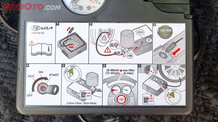 Panduan pemakaian Tire Mobility Kit bisa juga dilihat pada pompa.