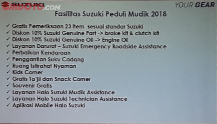Fasilitas-fasilitas yang akan diberikan Suzuki untuk para konsumennya selama arus pergi dan balik mudik 2018