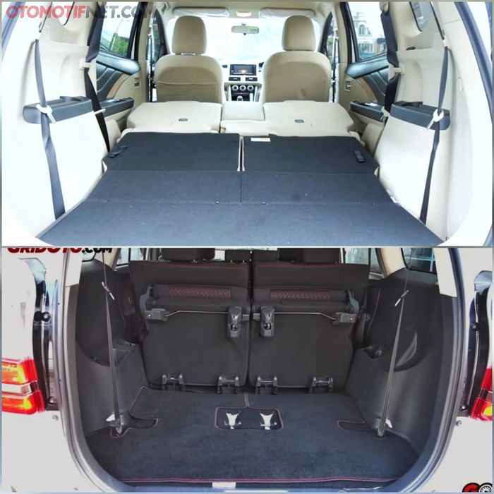 Xpander (atas), bangku baris 2 dan 3 bisa dilipat rata lantai. Sementara Avanza (bawah) tidak