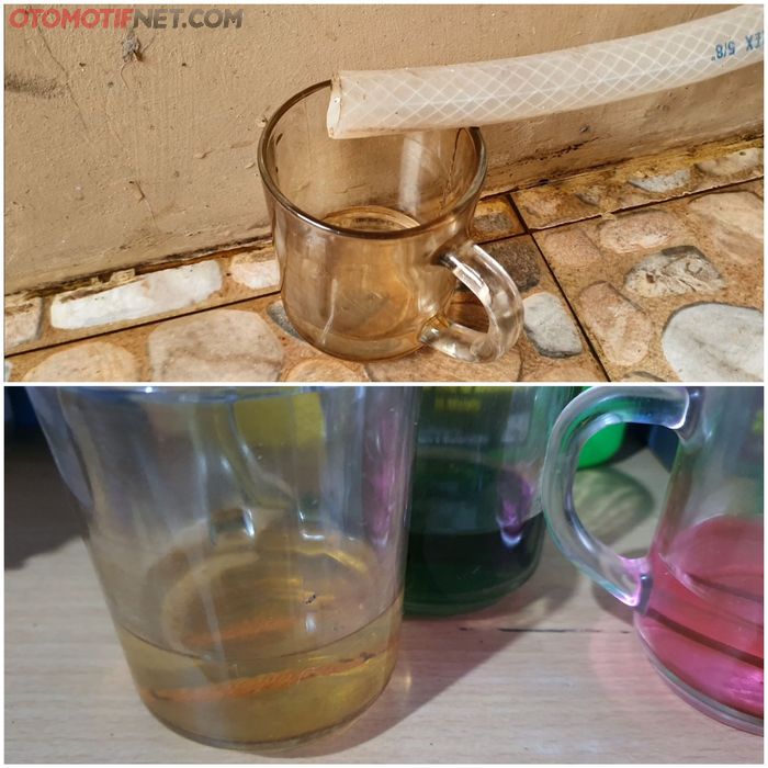 Hasil tes perendaman paku besi ke dalam gelas berisi air tampungan AC rumah. Dalam waktu 1 hari paku sudah muncul kerak karat
