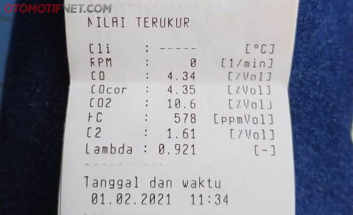 Contoh hasil uji emisi motor di bengkel Nawilis, yang wajib diperhatikan kadar CO dan HC