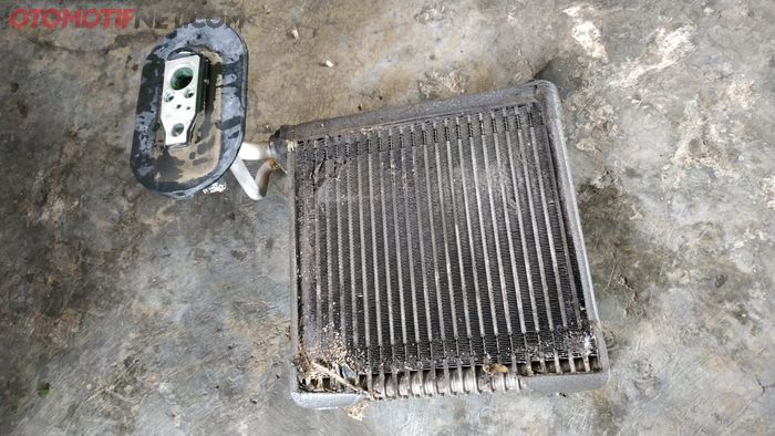 Kondisi evaporator AC Nissan March yang bocor dan sangat kotor