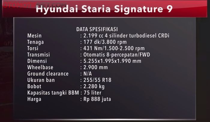 Data spesifikasi Hyundai Staria Signature 9