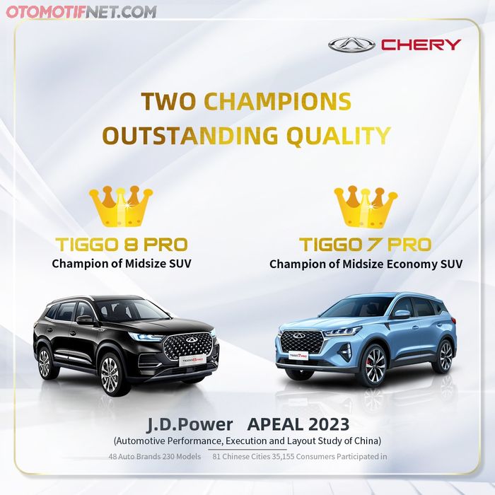 Penghargaan J.D. Power APEAL yang diraih oleh Chery Tiggo 7 Pro dan Chery Tiggo 8 Pro menunjukkan daya tarik produk Chery