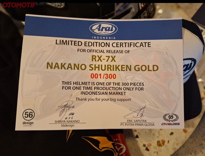 Sertifikat edisi terbatas setiap pembelian helm Arai RX-7X Nakano Shuriken Gold Limited Edition