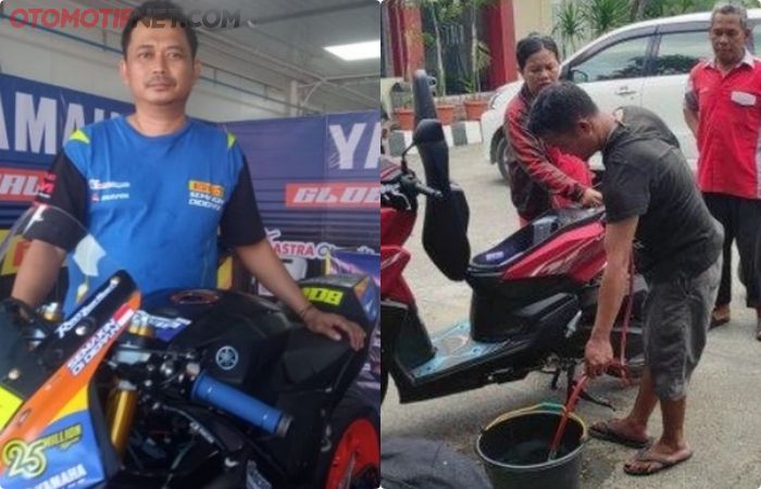 Puluhan motor mendadak mogok usai isi bensin di SPBU di Medan, Sumatera Utara. Kuro mekanik kawakan dari tim Yamaha Global Ondolomon Jakarta Timur (kiri).