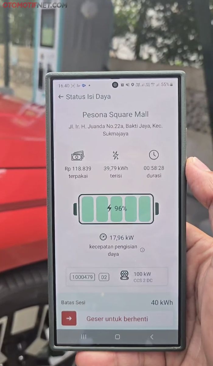 Biaya dan durasi waktu yang dibutuhkan untuk mengisi daya sebesar 40 kWh di SPKLU Voltron Ultra Fast Charging 100 kWh