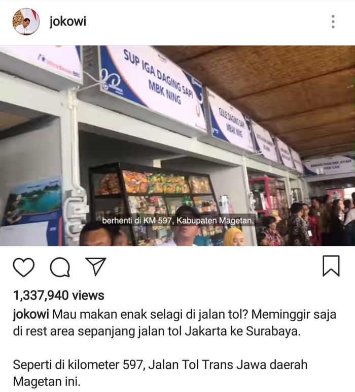 Presiden Jokowi mengabadikan momen di akun sosial medianya saat  beristirahat di rest area KM 597 Kabupaten Madiun ruas tol Ngawi-Kertosono, Jawa Timur, 20 Desember 2018. 