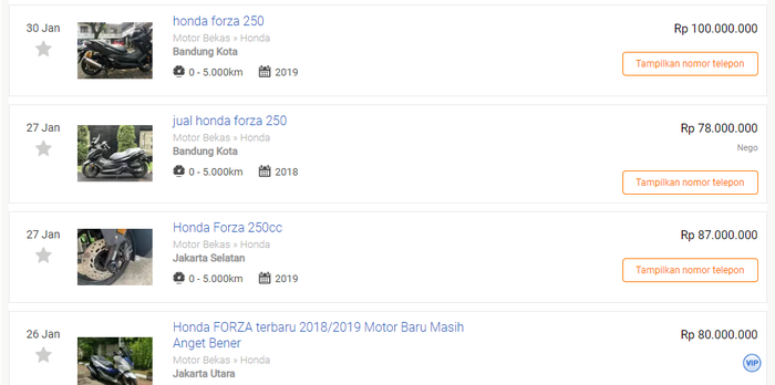 harga bekas Honda Forza 250 di salah satu situs jual beli online