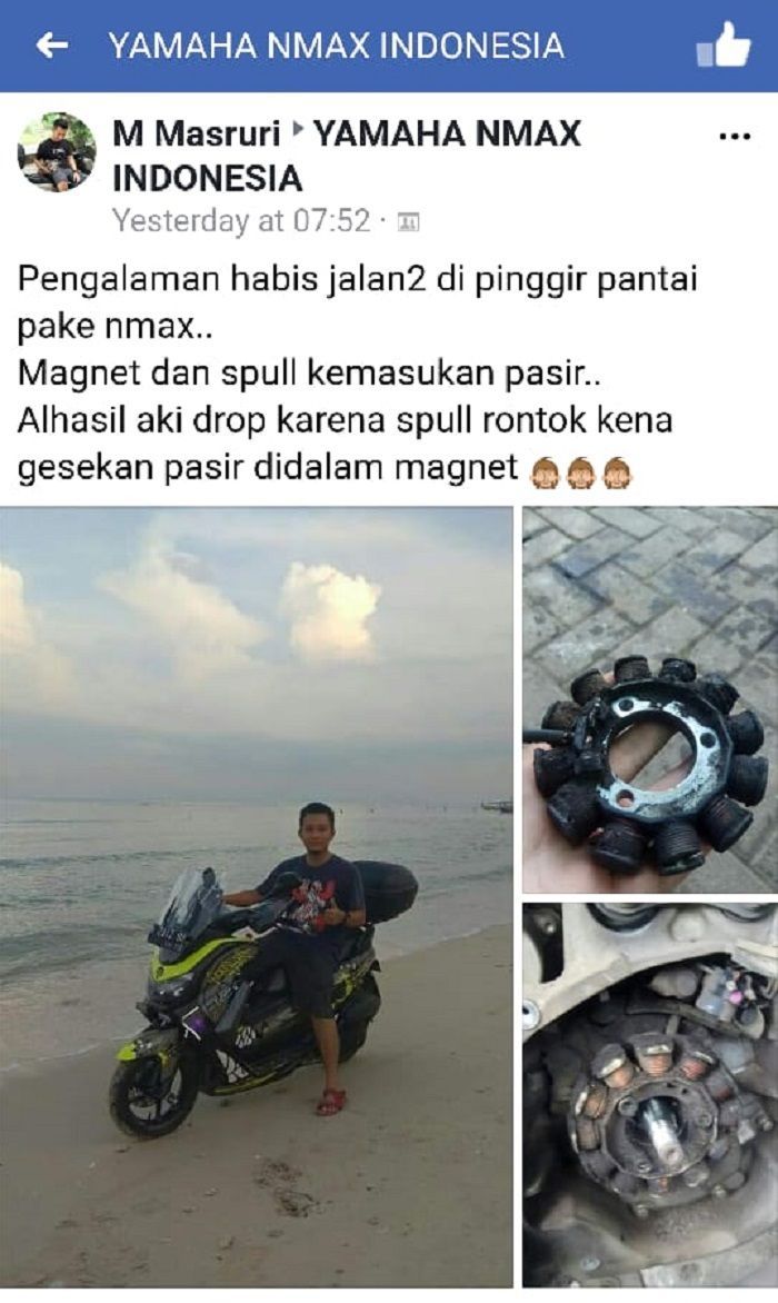 Habis main di pantai, spul Yamaha NMAX jebol