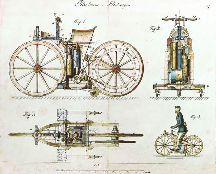 Desain Reitwagen yang dirancang oleh Gottlieb Daimler dan Wilhelm Maybach