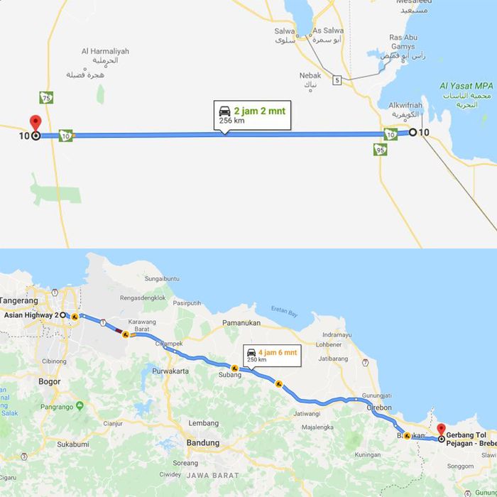 Perbandingan jarak Highway 10 dengan Tol Trans Jawa Cawang-Pejagan