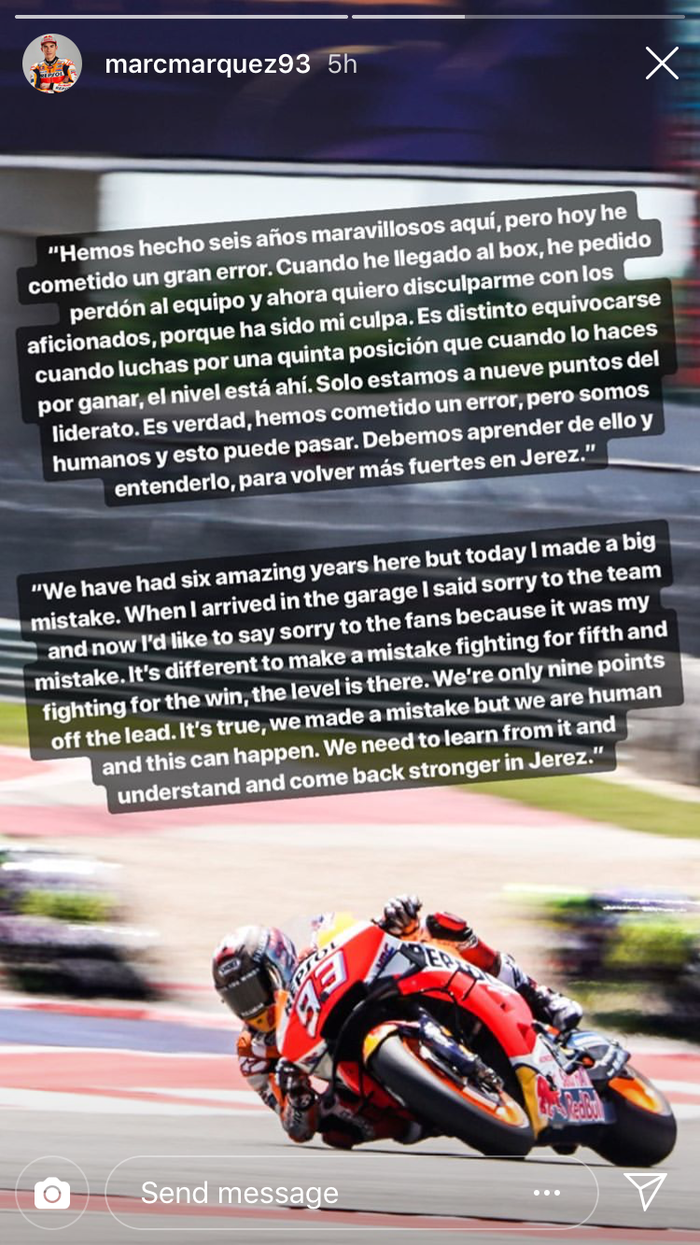 Permohonan maaf Marc Marquez di story akun instagaram pribadinya