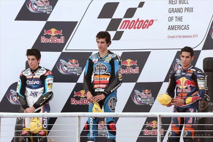 Musim perdana sirkuit Austin menggelar MotoGP di 2013 dan Alex Rins (tengah) sudah membuka kemenangan di kelas Moto3