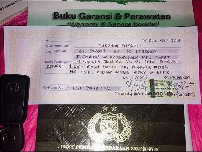 Bukti kwitansi taruhan pilpres 2019 dengan hadiah Honda CR-V Prestige tahun 2019