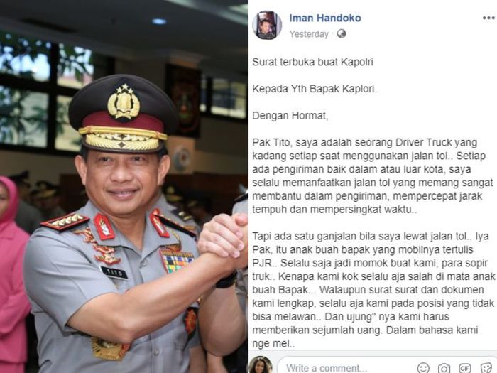 Surat terbuka sopir truk yang ditujukan kepada Kapolri Jendral Tito Karnavian 