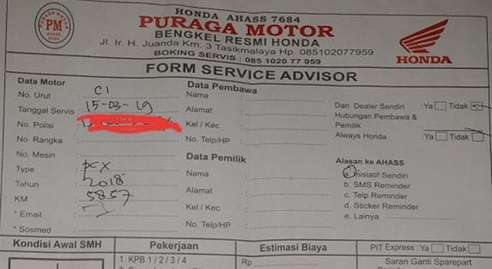 Nota servis Honda PCX 150 di AHHAS Puraga Motor Tasikmalaya, milik Hartanto.
