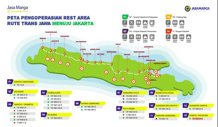 Peta pengoperasian rest area rute Tol Trans Jawa menuju Jakarta
