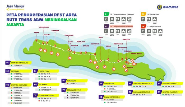 Peta pengoperasian rest area rute trans Jawa meninggalkan Jakarta