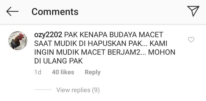 Komentar salah satu netizen di akun instagram Presiden Republik Indonesia Joko Widodo yaitu @jokowi