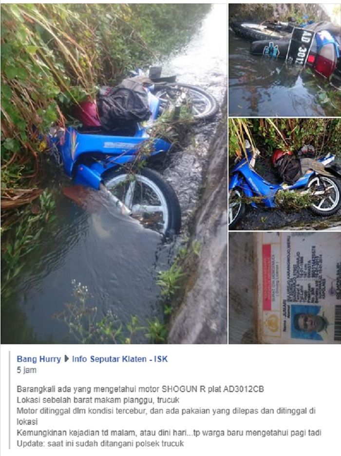 Suzuki Shogun tergeletak di parit dan ditinggalkan pemiliknya.