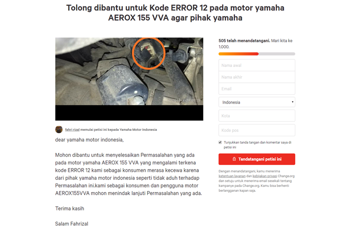 Petisi soal kode 12 Yamaha Aerox 155