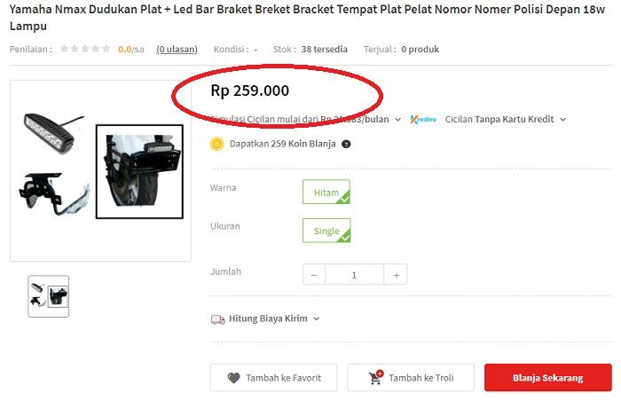 Dudukan pelat nomor dijual Rp 259 ribu.