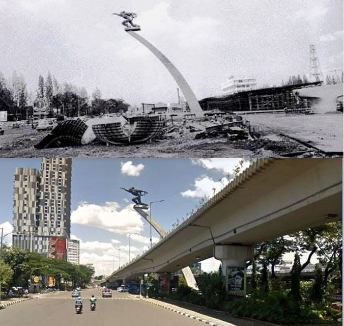Patung Dirgantara/Patung Pancoran, Jakarta Selatan, tahun 1978 (atas) 2018 (bawah)