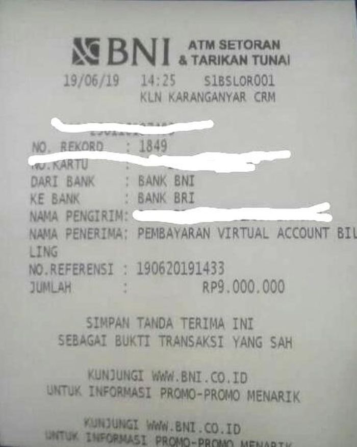 Bukti pembyaran lewat BNI Virtual Account