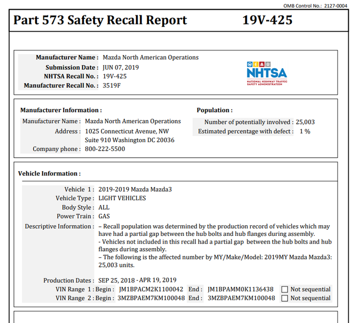 Surat dari NHTSA yang mengatakan Mazda3 mur dari ban mudah kendor.