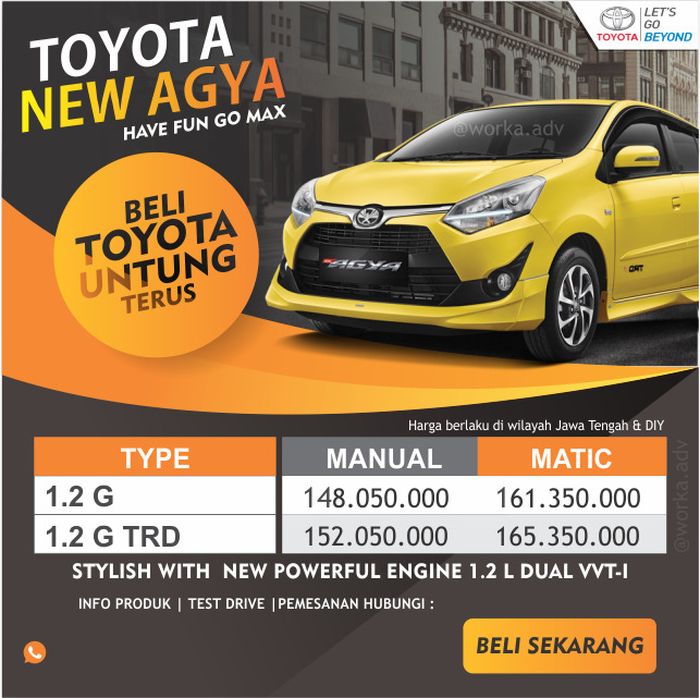Update harga Toyota Agya tipe G wilayah Jawa Tengah dan DIY
