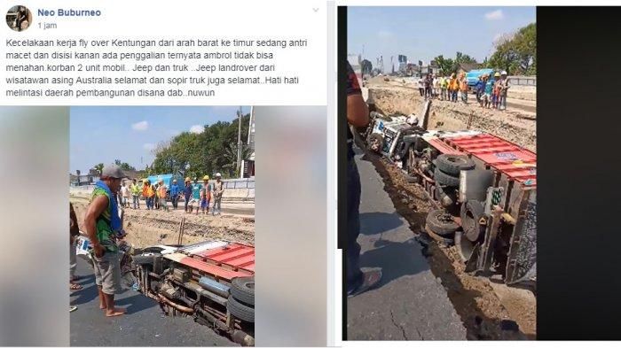 Unggahan akun Facebook @Neo Buburneo peristiwa truk dan Land Rover terperosok ke lubang proyek Underpass Kentungan, Yogyakarta