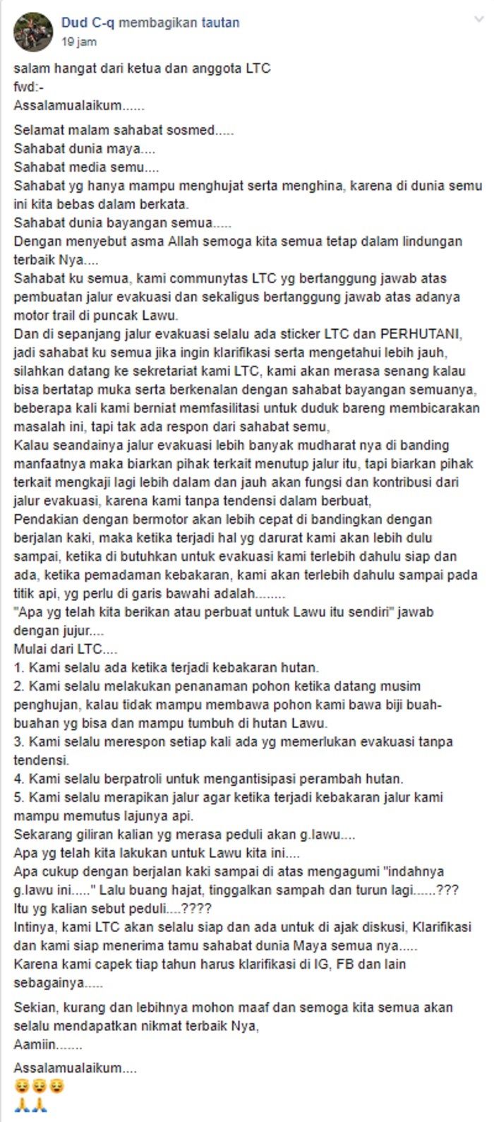 Klarifikasi pihak yng bertanggung jawab atas peristiwa motor trail naiik puncak Gunung Lawu