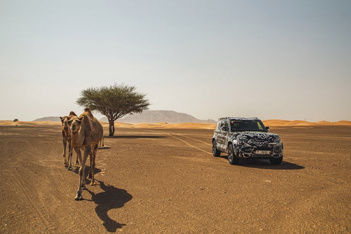 Land Rover Defender 2020 yang sedang diuji di padang pasir.