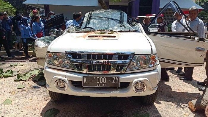 Kondisi mobil setelah tertimpa pohon berukuran besar