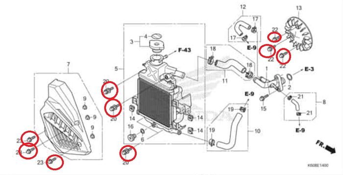Baut dan posisi yang perlu dilepas pasang saat ganti kipas radiator Honda Vario