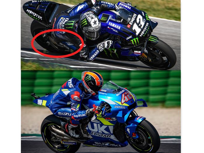Knapot baru Yamaha M1 dites Maverick Vinales di tes MotoGP Misano  (bulatan merah/atas) bandingkan dengan knalpot motor MotoGP Suzuki GSX-RR andalan Alex Rins (bawah)