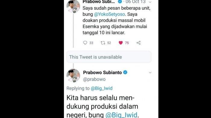 Cuitan Prabowo di Twiiter terkait pernah memesan 10 mobil Esemka 