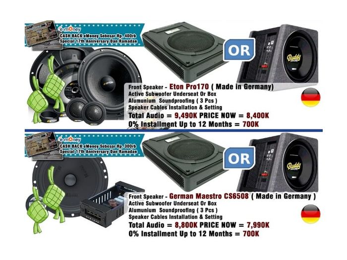 Paket audio dengan speaker depan Eton atau German Maestro 